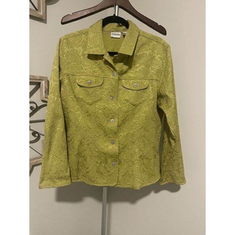 CHICO'S Sz 2 / Large Olive Green ‎ Texture Jacket Rose Metal Buttons  Pockets